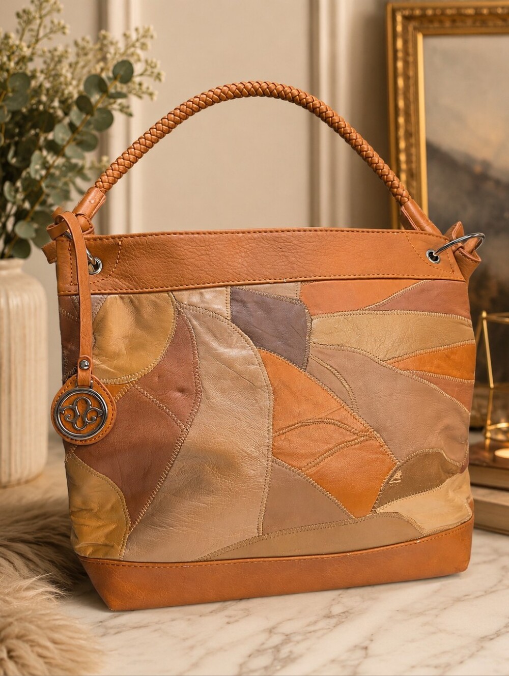 Madi Claire Genuine Leather Patchwork Tote Bag Boho Tan Camel